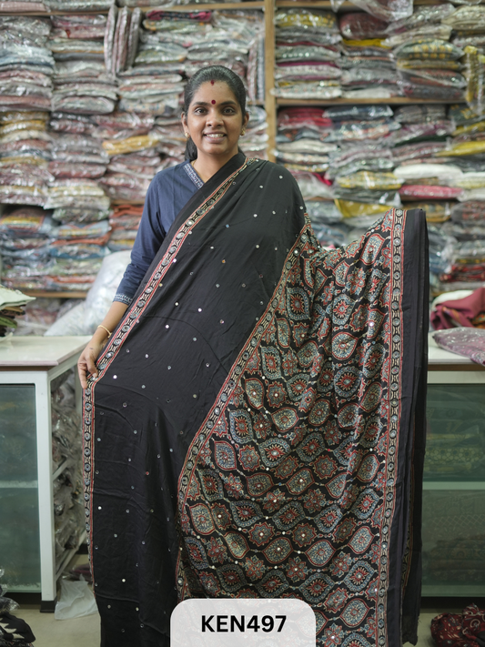 MODAL NATURAL AJRAKH HANDBLOCK SAREE WITH GLUE MIRROR