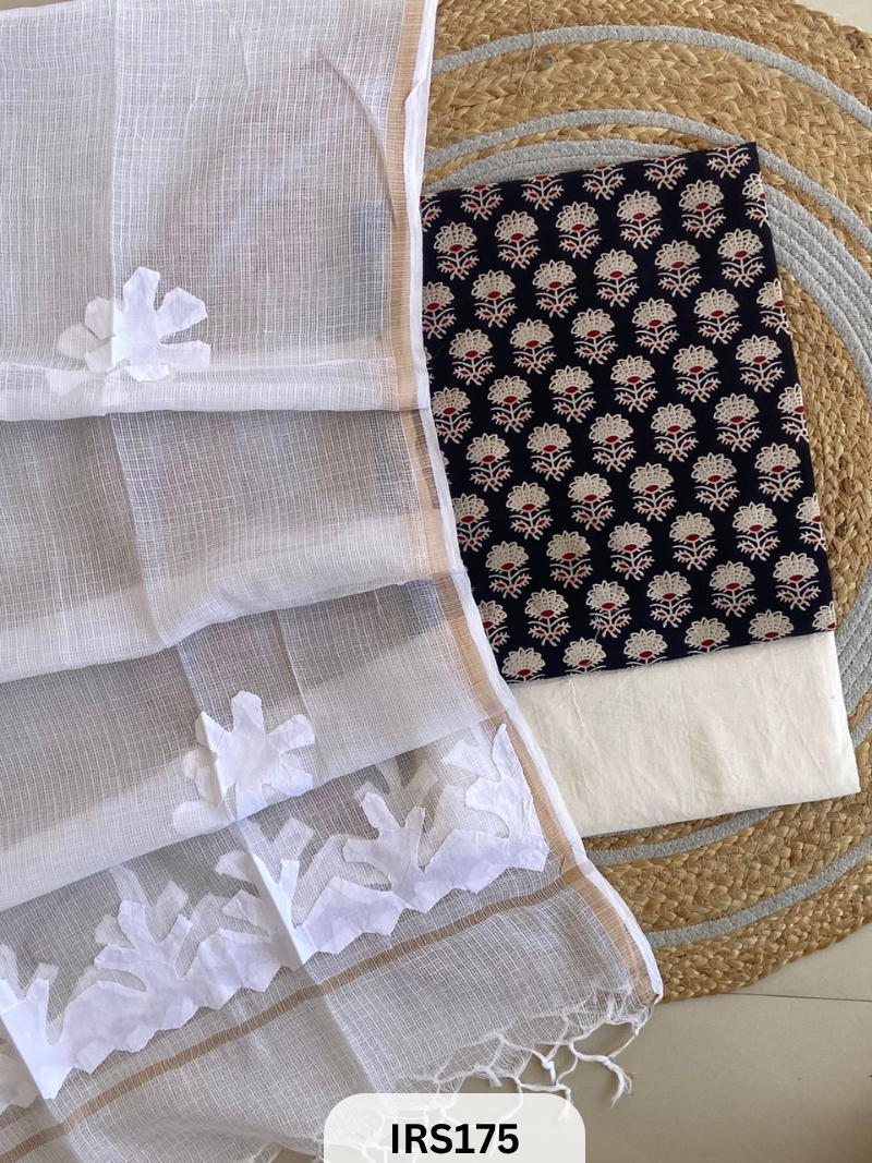 AJRAKH PRINTED TO WITH KOTA DORIA WITH HAND APLIQUE WORK DUPATTA SET