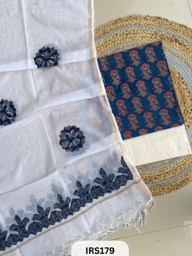 AJRAKH PRINTED TO WITH KOTA DORIA WITH HAND APLIQUE WORK DUPATTA SET