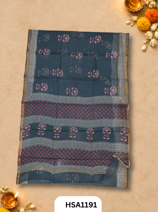 Hand Block Printed Kota Doriya Saree with Blouse