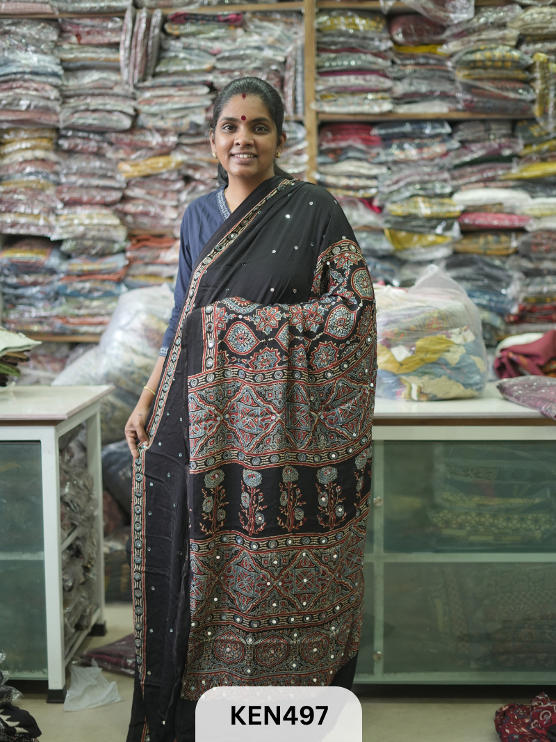 MODAL NATURAL AJRAKH HANDBLOCK SAREE WITH GLUE MIRROR