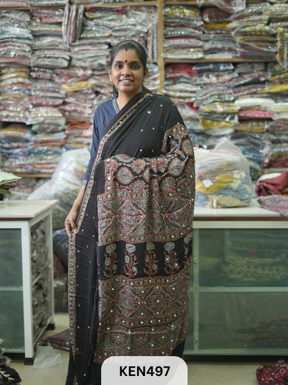 MODAL NATURAL AJRAKH HANDBLOCK SAREE WITH GLUE MIRROR