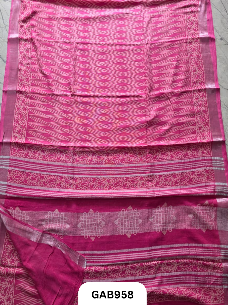Bagru Handblock Print Linen Saree With Attached Blouse