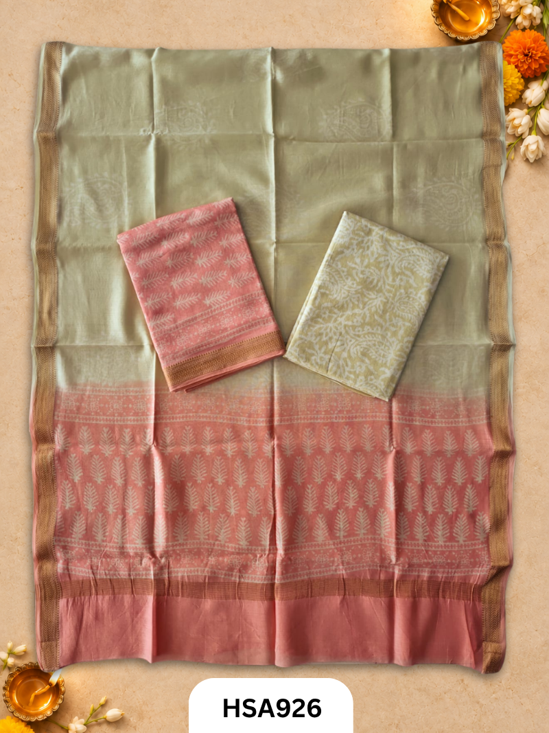 HandBlock Printed Maheshwari Silk Zari Border Top & dupttas 2.5 Mtrs | Bottom cotton 2.50 mtrs