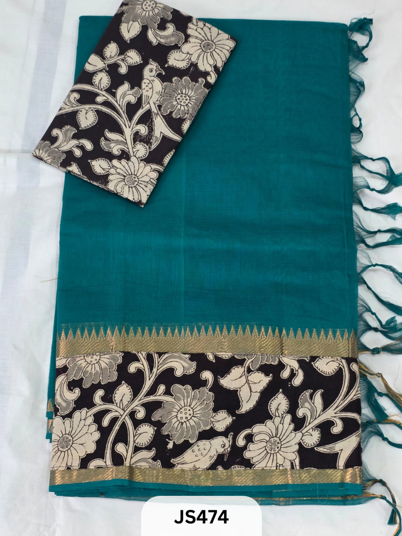 Mangalagiri Cotton X Kalamkari patch Border / dual blouse-1 mtr Kalamkari Blouse