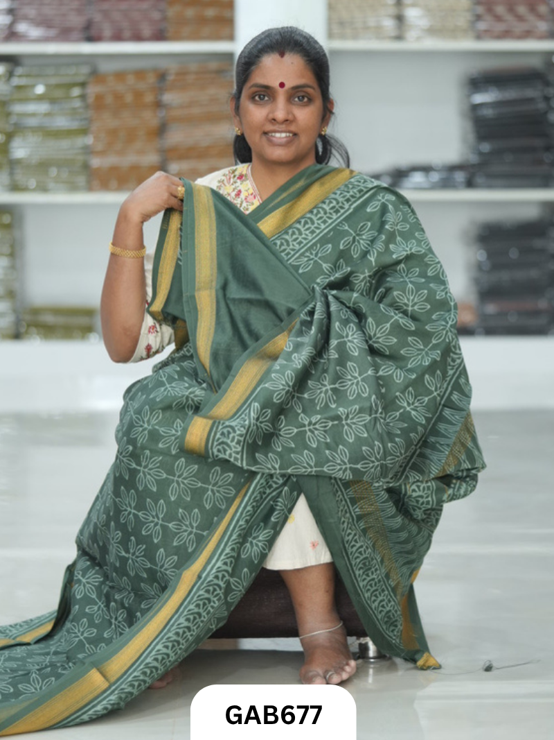 Hand Block Printed Maheshwari Silk Saree