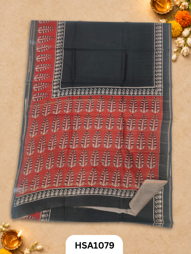 Pure Hand Block Printed Chanderi Silk Saree With Printed Blouse