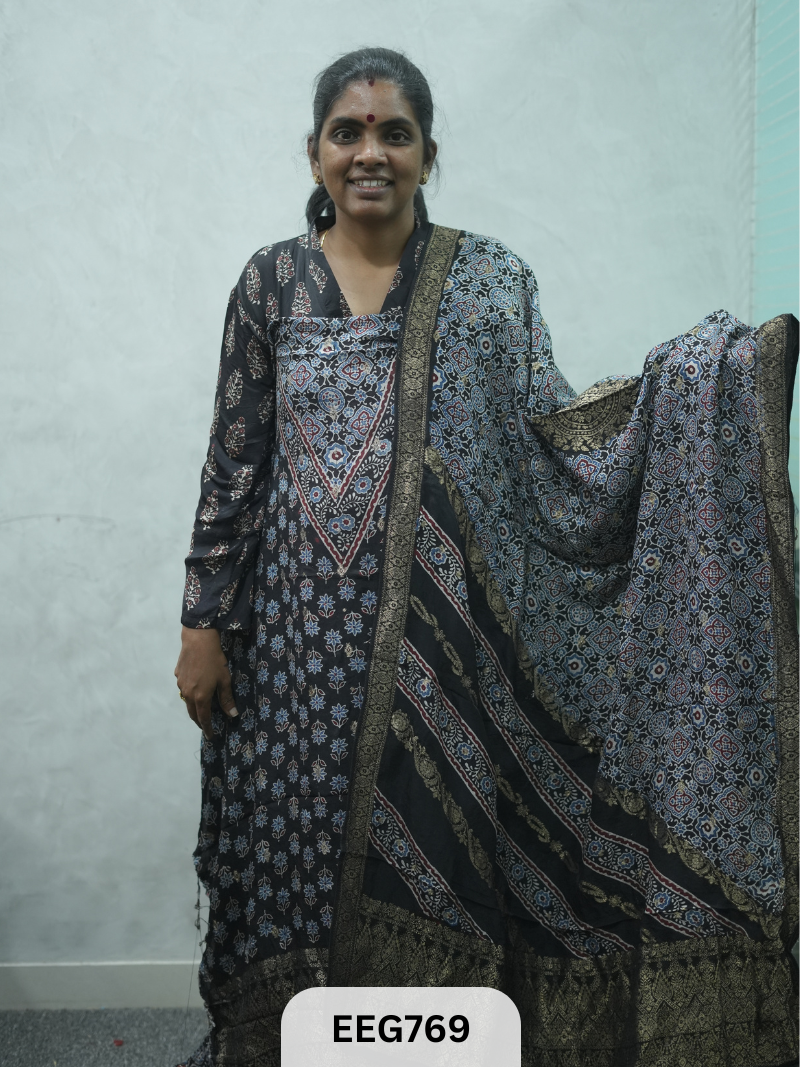 AJRAKH DOLA SILK 2 PCS-UNSTITCHED ( TOP 3.5MTR AND DUPPATA 2.25MTR )