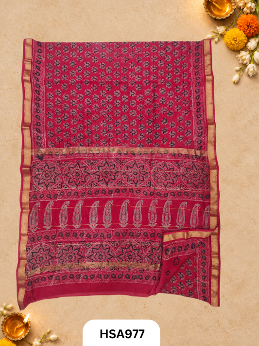 Pure Maheswari Silk Cotton - Handblock Print Saree With Blouse