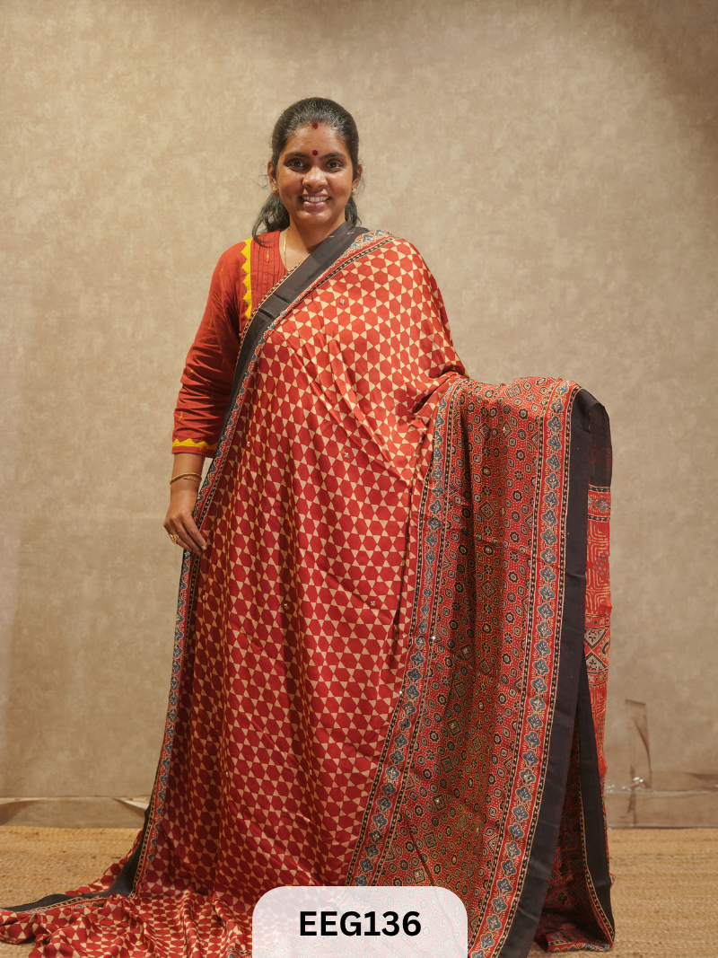 AJRAKH MODAL SAREE WITH KHATLI HANDWORK