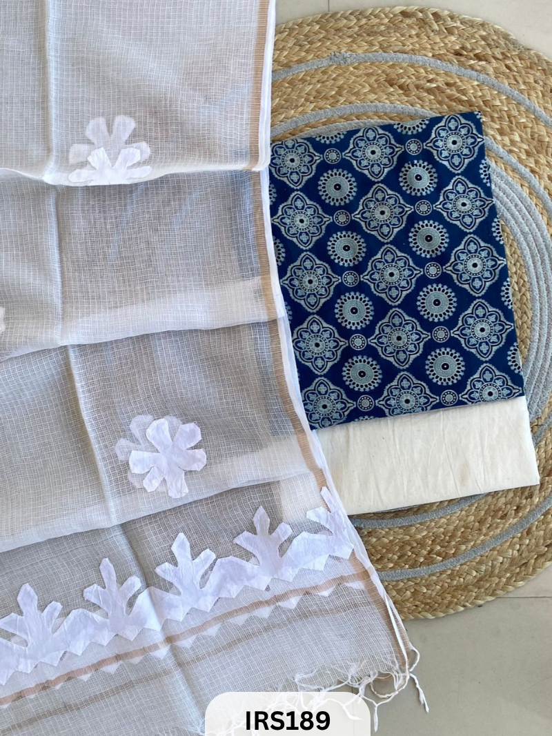AJRAKH PRINTED TO WITH KOTA DORIA WITH HAND APLIQUE WORK DUPATTA SET