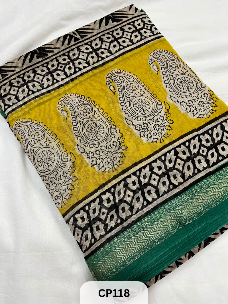 Maheshwari Silk Zari Border with Jaipur Handblock Print Saree