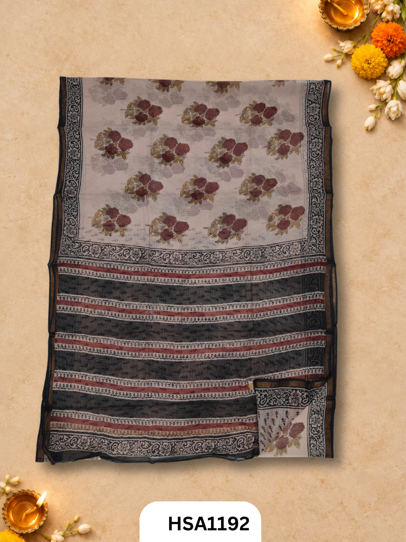Hand Block Printed Kota Doriya Saree with Blouse