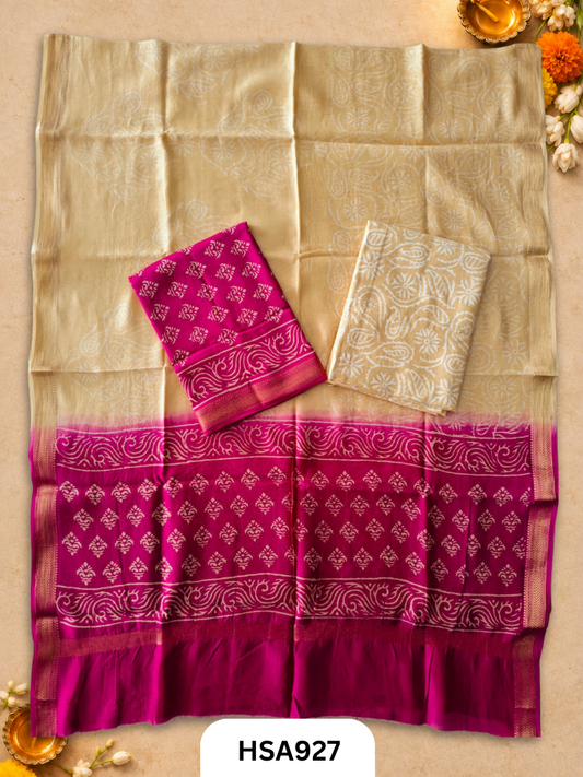 HandBlock Printed Maheshwari Silk Zari Border Top & dupttas 2.5 Mtrs | Bottom cotton 2.50 mtrs