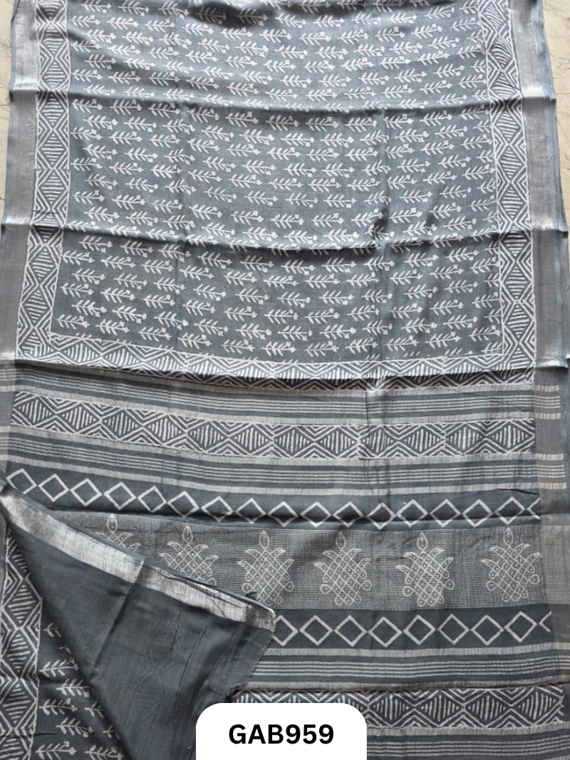 Bagru Handblock Print Linen Saree With Attached Blouse