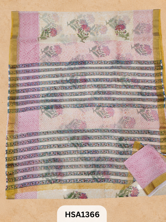 Chiffon Zari Border Saree - Hand Brush Painted