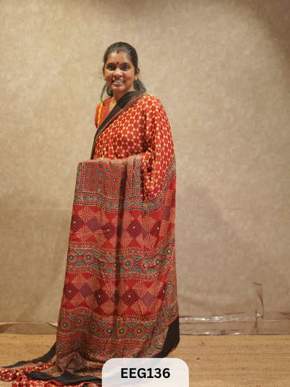 AJRAKH MODAL SAREE WITH KHATLI HANDWORK