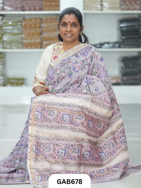 Hand Block Printed Maheshwari Silk Saree