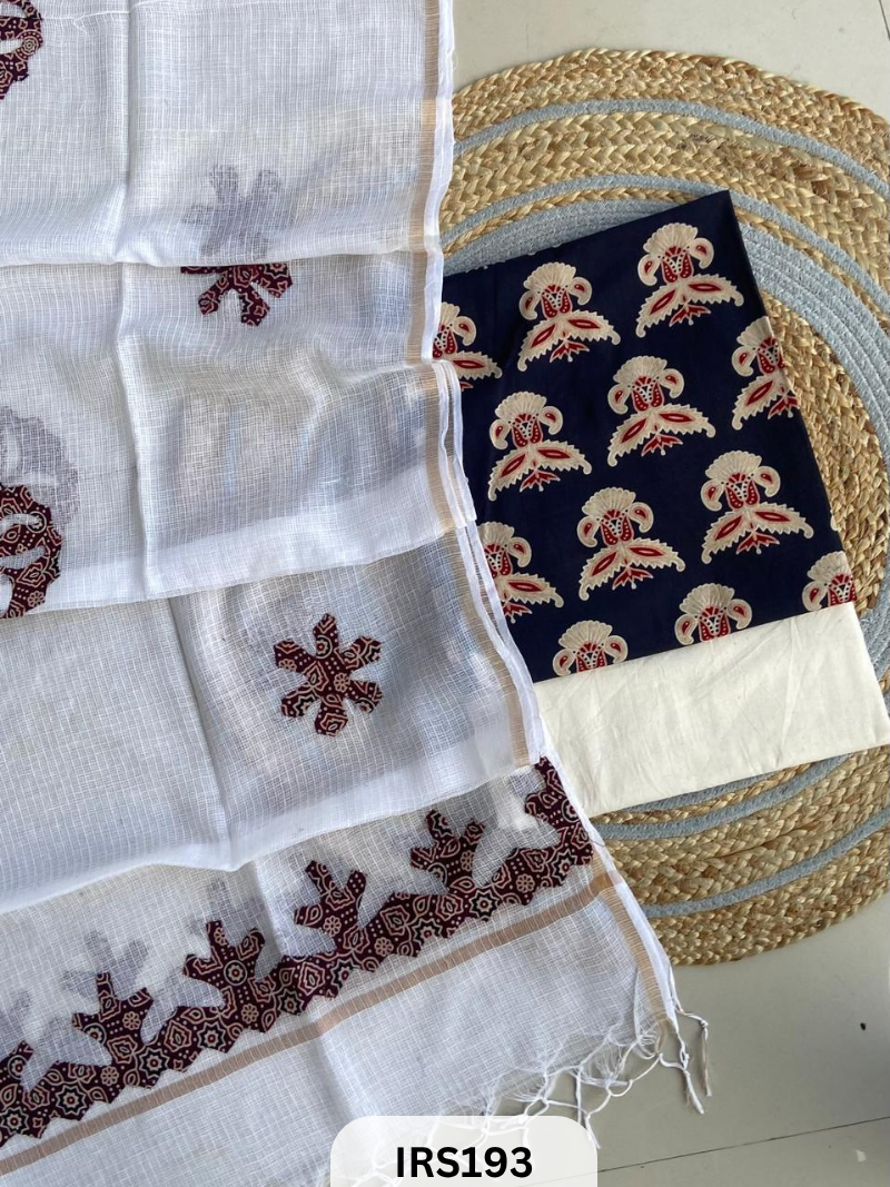 AJRAKH PRINTED TO WITH KOTA DORIA WITH HAND APLIQUE WORK DUPATTA SET