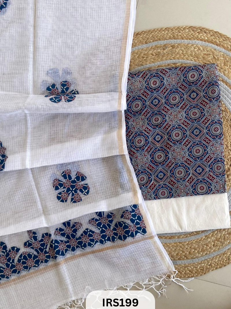 AJRAKH PRINTED TO WITH KOTA DORIA WITH HAND APLIQUE WORK DUPATTA SET