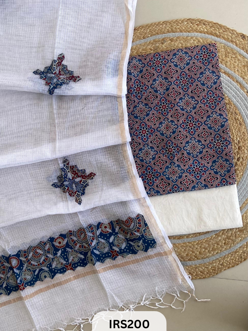 AJRAKH PRINTED TO WITH KOTA DORIA WITH HAND APLIQUE WORK DUPATTA SET