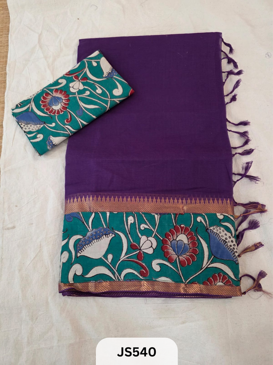 Mangalagiri Cotton X Kalamkari patch Border / dual blouse-1 mtr Kalamkari Blouse
