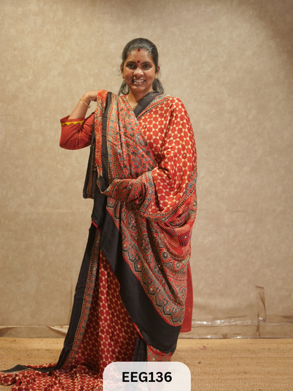 AJRAKH MODAL SAREE WITH KHATLI HANDWORK