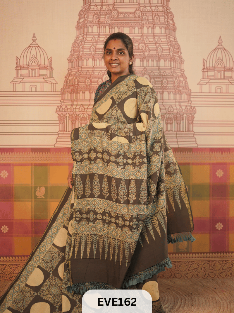 PURE CHANDERI SILK AJRAKH HANDBLOCK SAREE