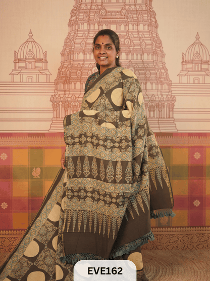 PURE CHANDERI SILK AJRAKH HANDBLOCK SAREE
