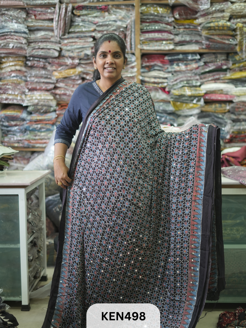 MODAL NATURAL AJRAKH HANDBLOCK SAREE WITH GLUE MIRROR