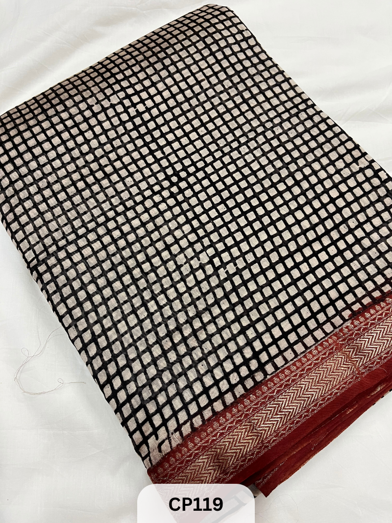 Maheshwari Silk Zari Border with Jaipur Handblock Print Saree