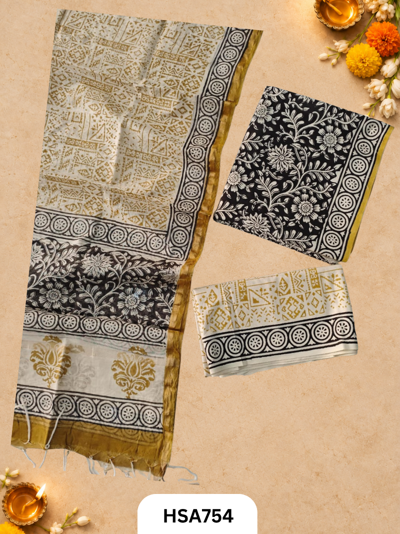 HandBlock Printed Chanderi Silk Dupatta With Cotton Suits -Top 2.5M Duptta 2.5M