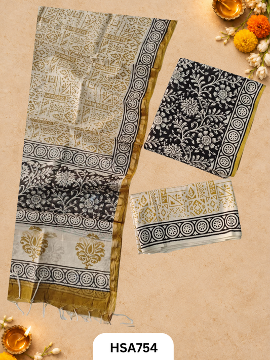 HandBlock Printed Chanderi Silk Dupatta With Cotton Suits -Top 2.5M Duptta 2.5M