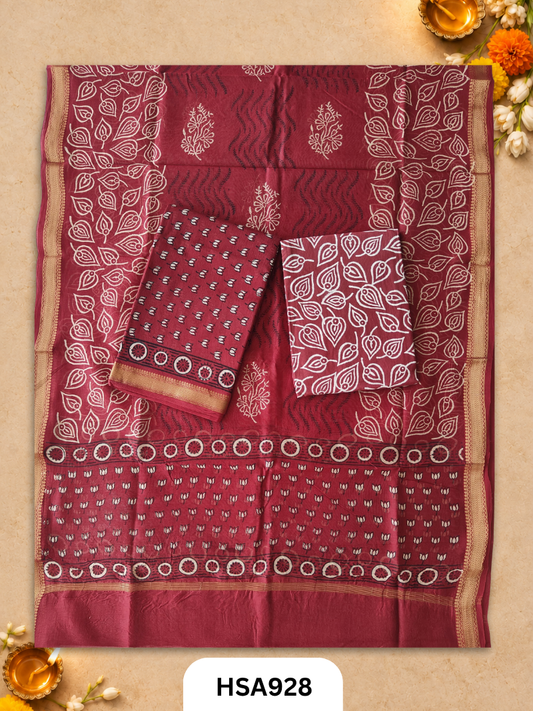 HandBlock Printed Maheshwari Silk Zari Border Top & dupttas 2.5 Mtrs | Bottom cotton 2.50 mtrs