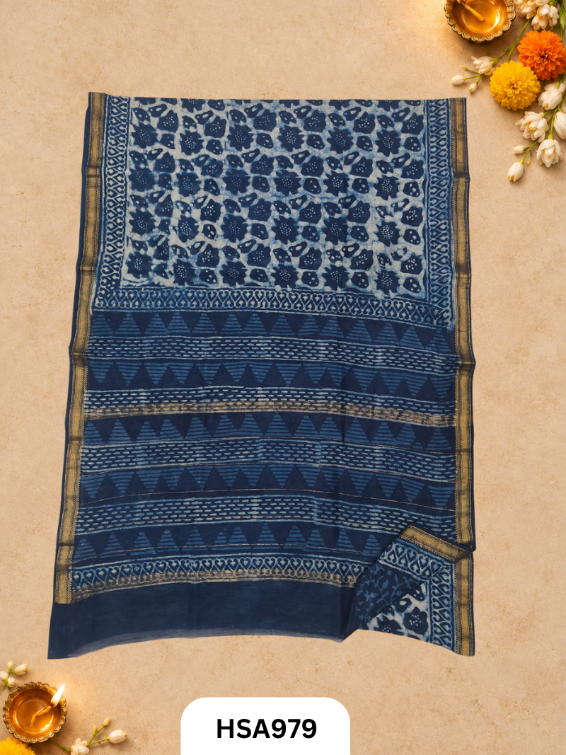 Pure Maheswari Silk Cotton - Handblock Print Saree With Blouse