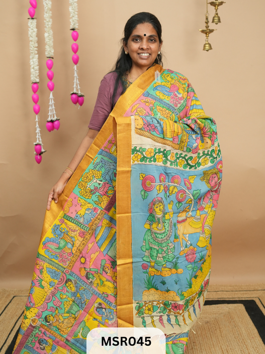 BANGLORE SILK WITH MANGALAGIRI BORDER FULL KALAMKARI