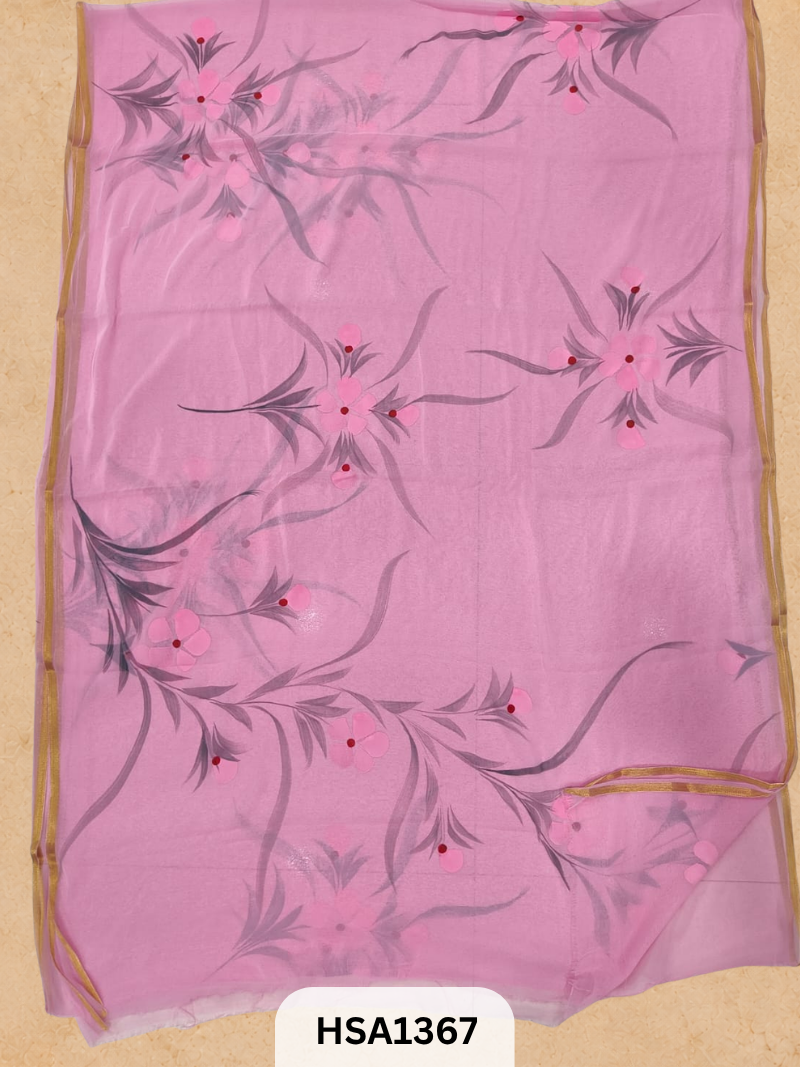 Chiffon Zari Border Saree - Hand Brush Painted