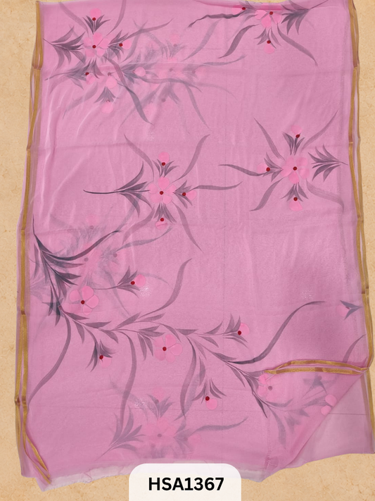 Chiffon Zari Border Saree - Hand Brush Painted