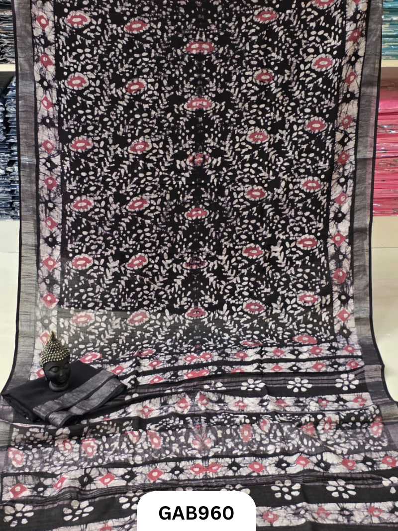 Bagru Handblock Print Linen Saree With Attached Blouse