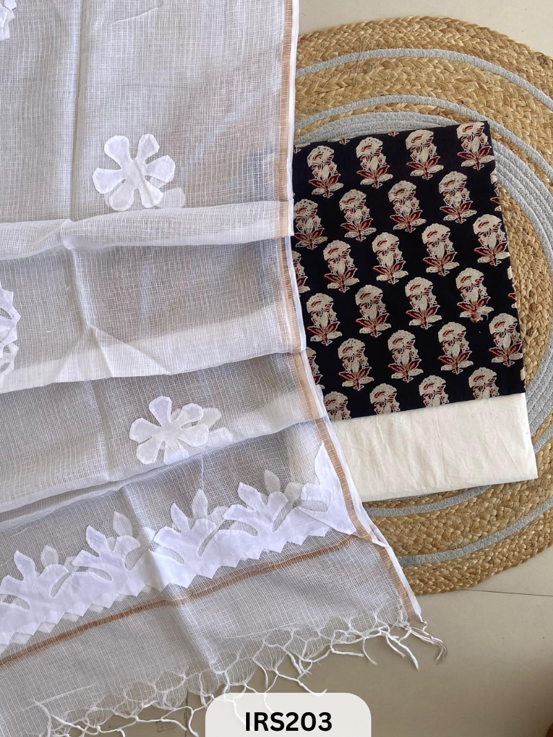 AJRAKH PRINTED TO WITH KOTA DORIA WITH HAND APLIQUE WORK DUPATTA SET