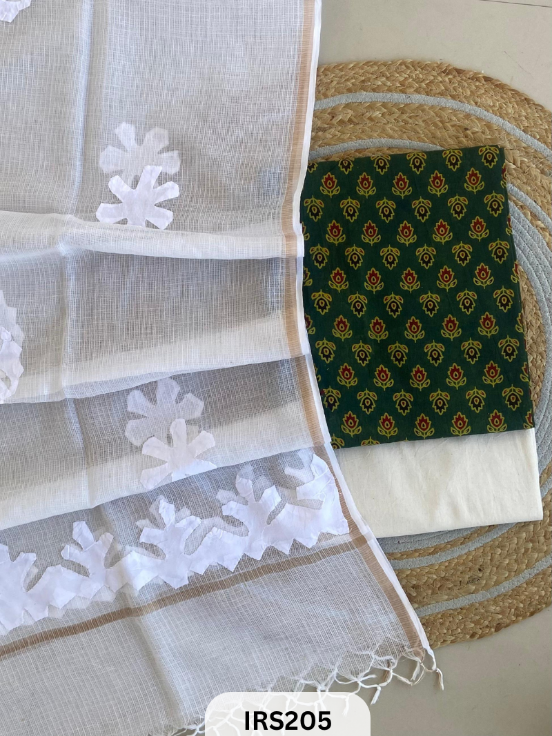 AJRAKH PRINTED TO WITH KOTA DORIA WITH HAND APLIQUE WORK DUPATTA SET