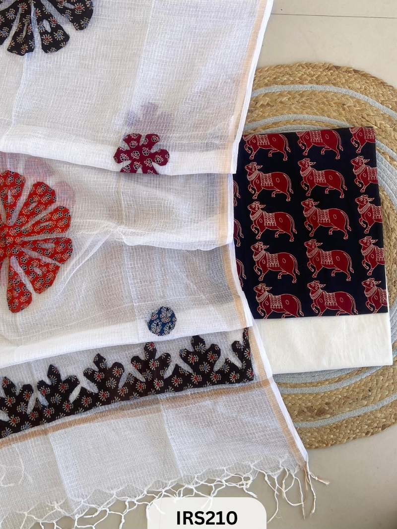 AJRAKH PRINTED TO WITH KOTA DORIA WITH HAND APLIQUE WORK DUPATTA SET