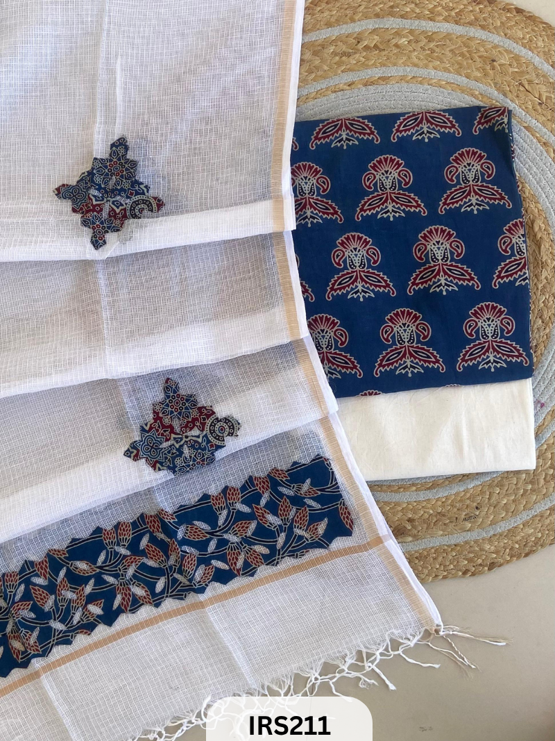 AJRAKH PRINTED TO WITH KOTA DORIA WITH HAND APLIQUE WORK DUPATTA SET