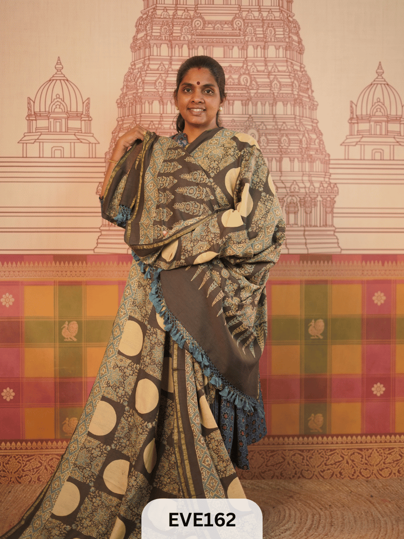 PURE CHANDERI SILK AJRAKH HANDBLOCK SAREE