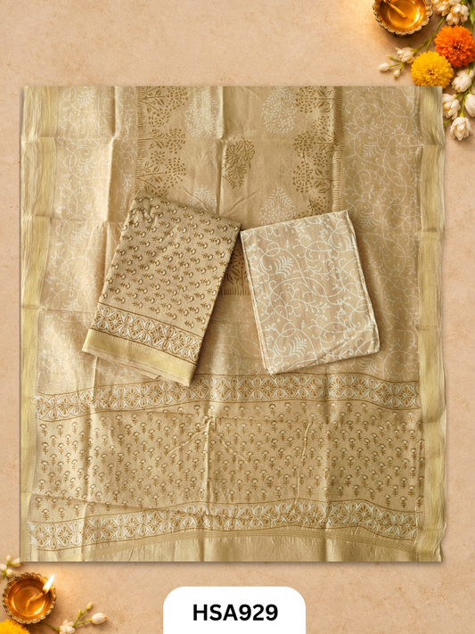 HandBlock Printed Maheshwari Silk Zari Border Top & dupttas 2.5 Mtrs | Bottom cotton 2.50 mtrs