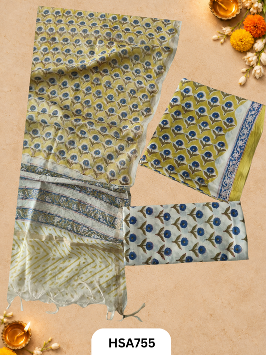 HandBlock Printed Chanderi Silk Dupatta With Cotton Suits -Top 2.5M Duptta 2.5M