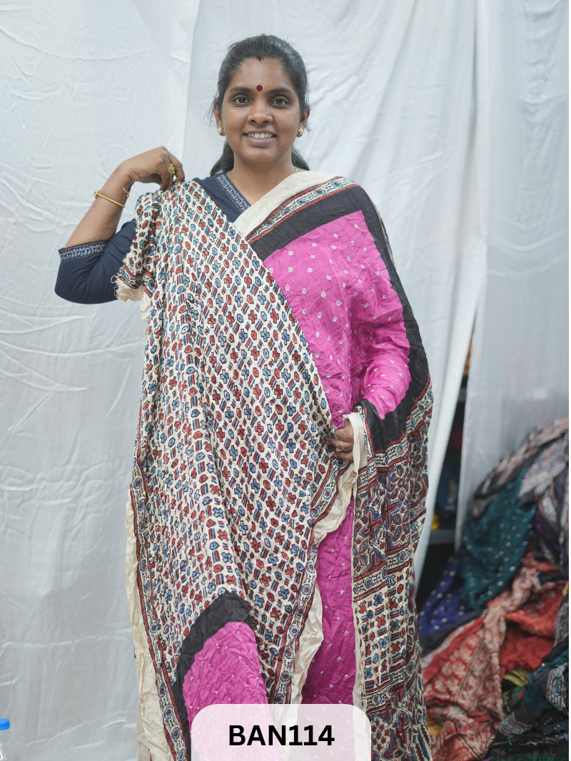 BANDHANI WITH AJRAKH SEMI GAJI SAREE