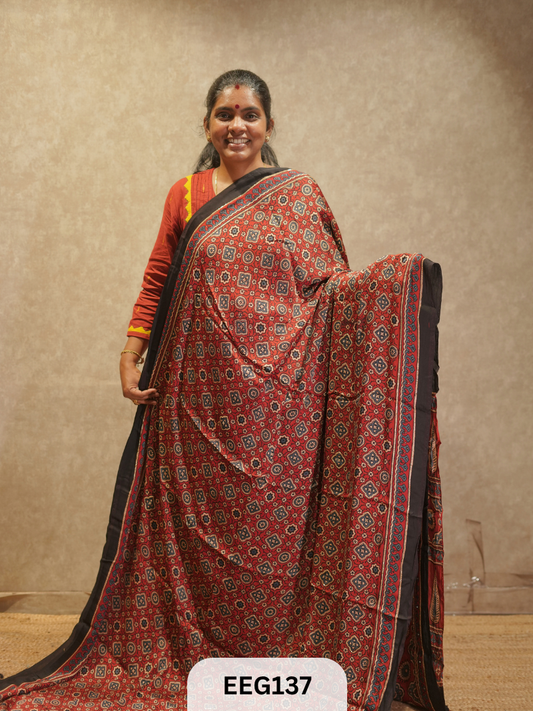 AJRAKH MODAL SAREE WITH KHATLI HANDWORK