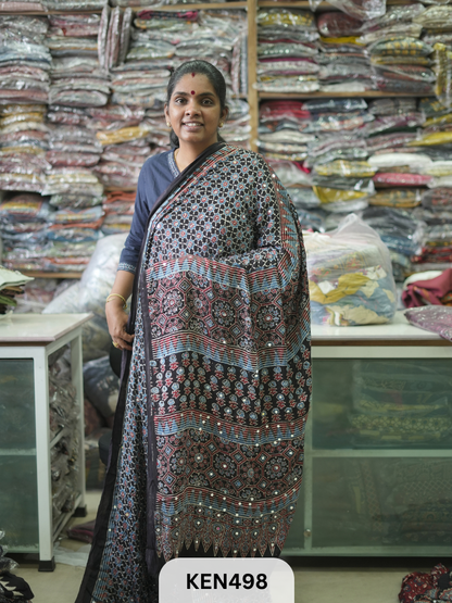 MODAL NATURAL AJRAKH HANDBLOCK SAREE WITH GLUE MIRROR