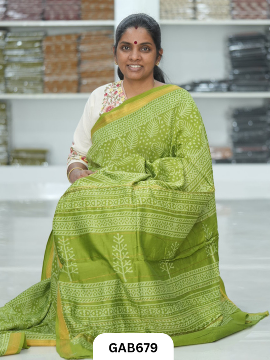 Hand Block Printed Maheshwari Silk Saree